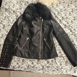 Guess Black Leather Jacket with Faux Fur Trim